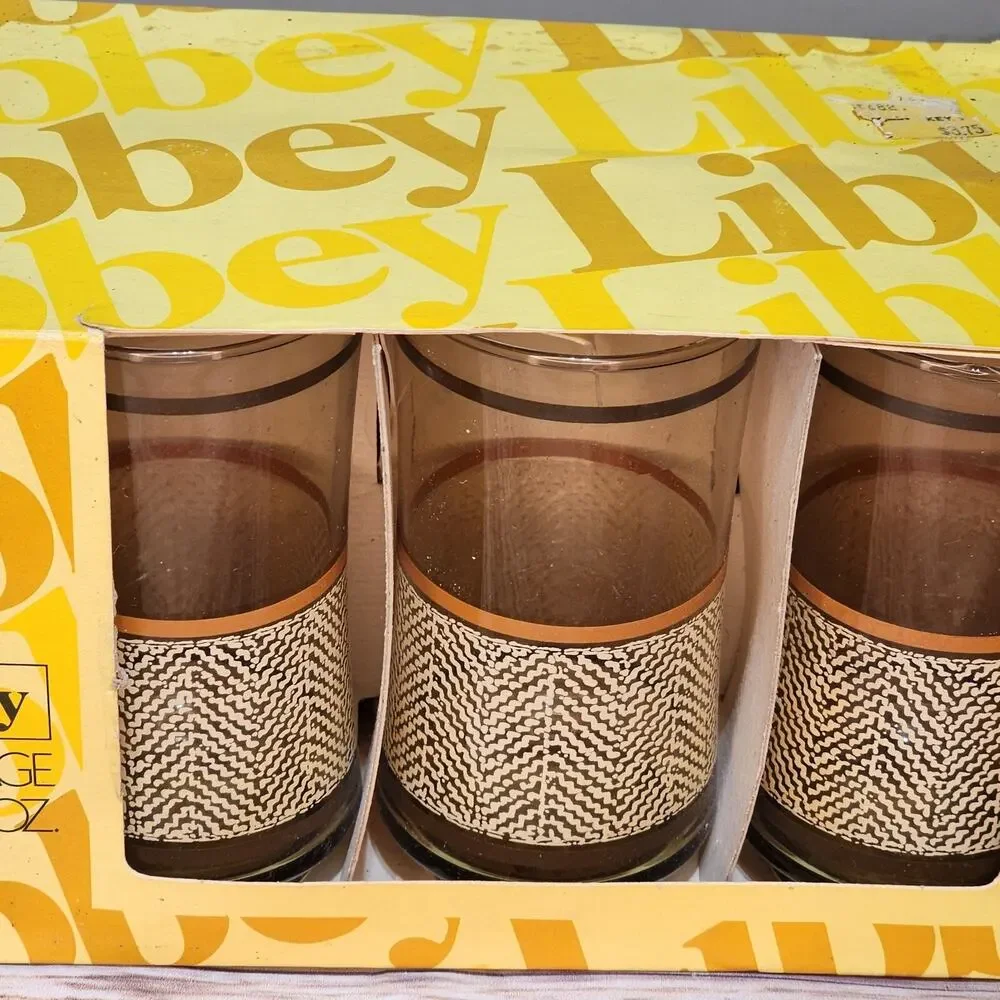 Vintage MCM Set of 8 Libbey Woodhue Tumbler Glasses 12 oz New In Box